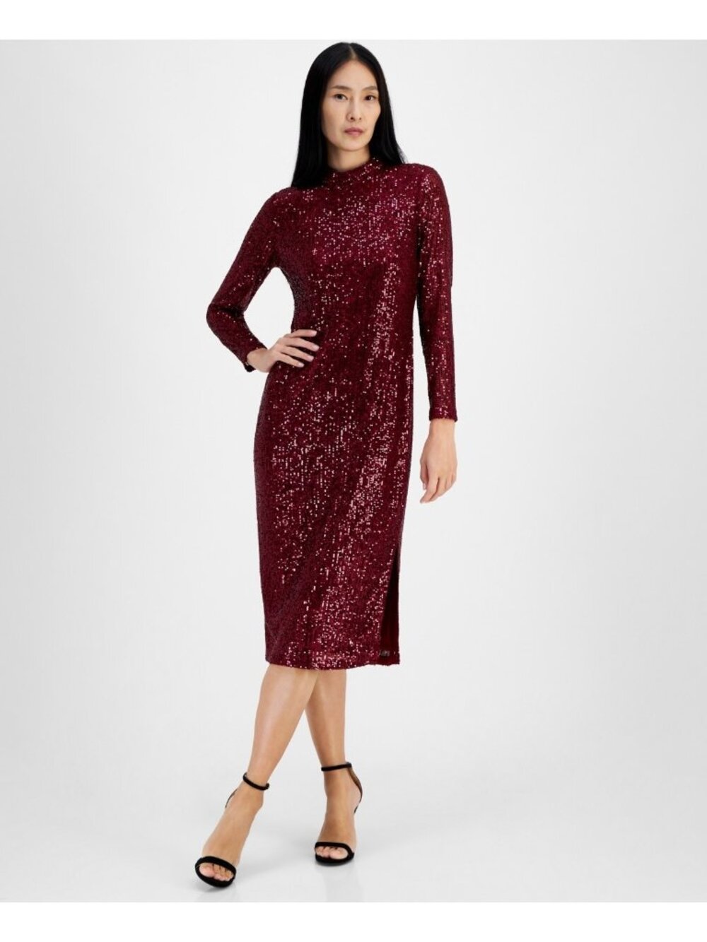 Anne Klein Women's Mock-Neck Sequin Side slit Midi Dress Burgundy Size 16 $159